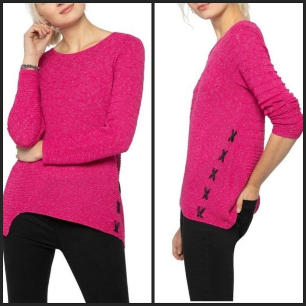 New Nic + Zoe Magenta Pink Knit Asymmetric Sweater